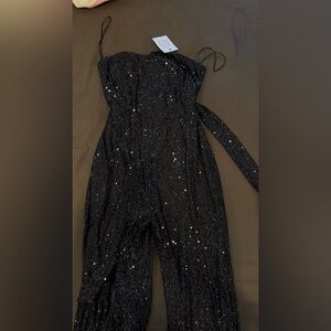 Aakaa Charcoal Sequin Strapless Jumpsuit with Waist Tie